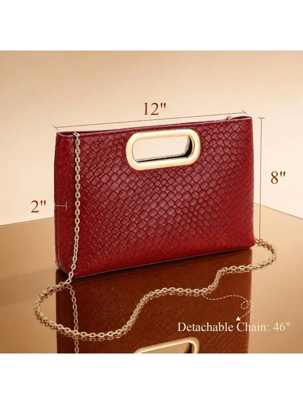 Womens Burgundy Clutch Handbag Modern Faux Leather with Metal Handle Evening Bag
